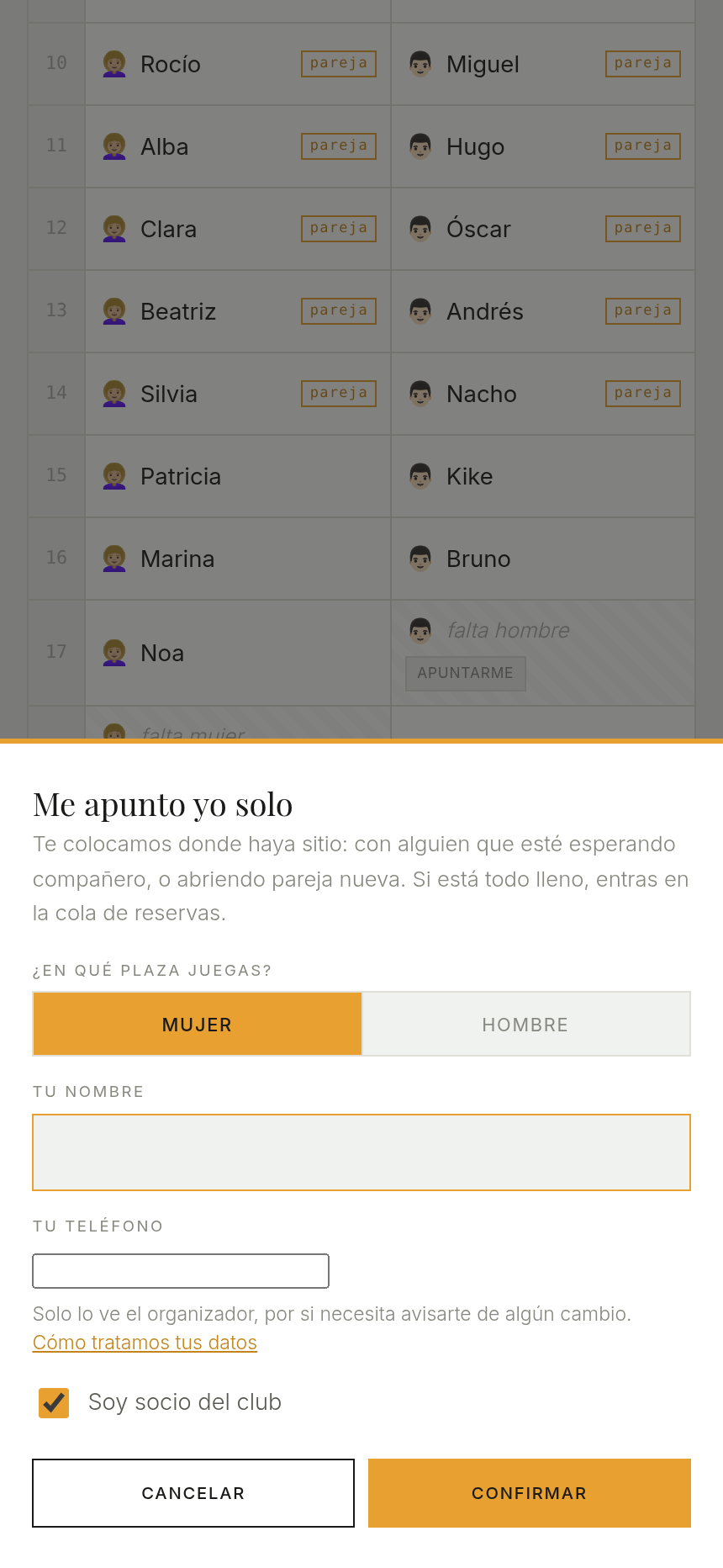 Pantalla «Me apunto yo solo»: elegir plaza de mujer u hombre, nombre, teléfono y la casilla de socio del club.