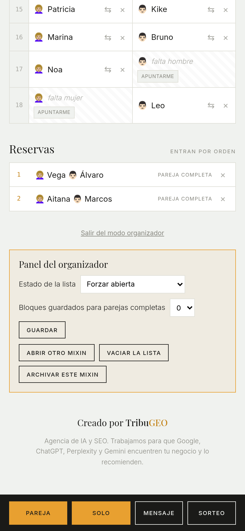 El panel del organizador en el móvil: estado de la lista, bloques guardados para parejas completas y los botones de abrir otro mixin, vaciar la lista y archivar.