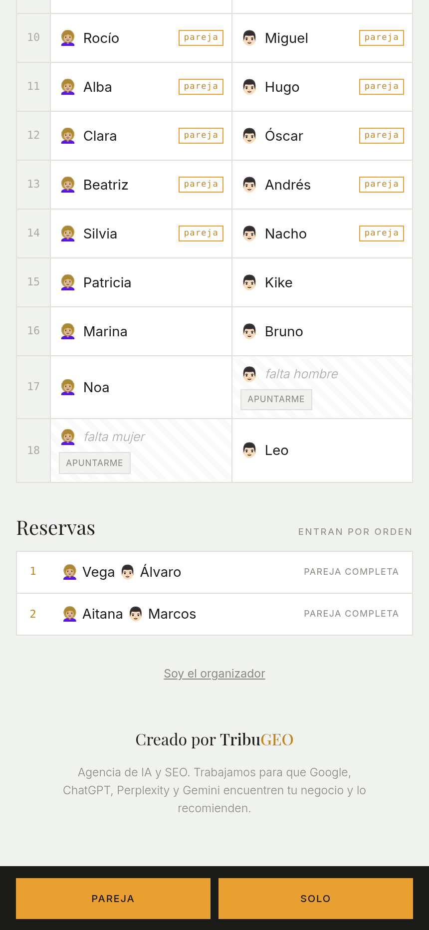 Final de la lista de un mixin: dos huecos marcados como «falta hombre» y «falta mujer» con el botón Apuntarme, y debajo la sección Reservas con dos parejas completas esperando por orden.